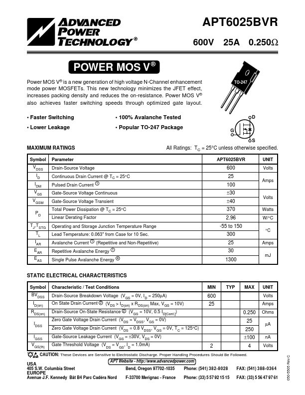 APT6025BVR Advanced Power Technology