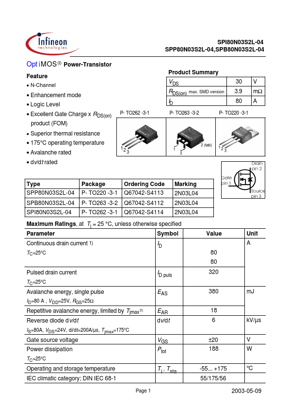 SPB80N03S2L-04 Infineon Technologies