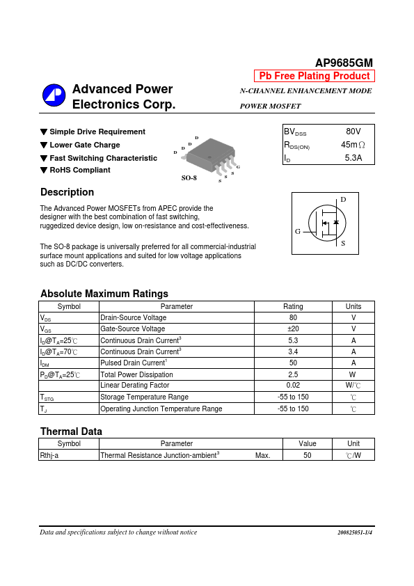 AP9685GM Advanced Power Electronics