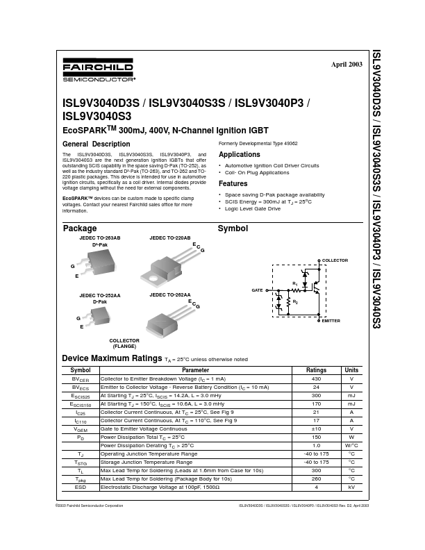 ISL9V3040P3 Fairchild Semiconductor