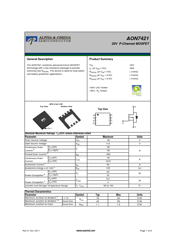 AON7421 Alpha & Omega Semiconductors