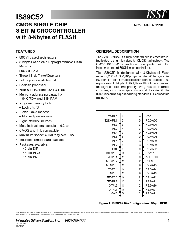 IS89C52-12PL Integrated Silicon Solution  Inc