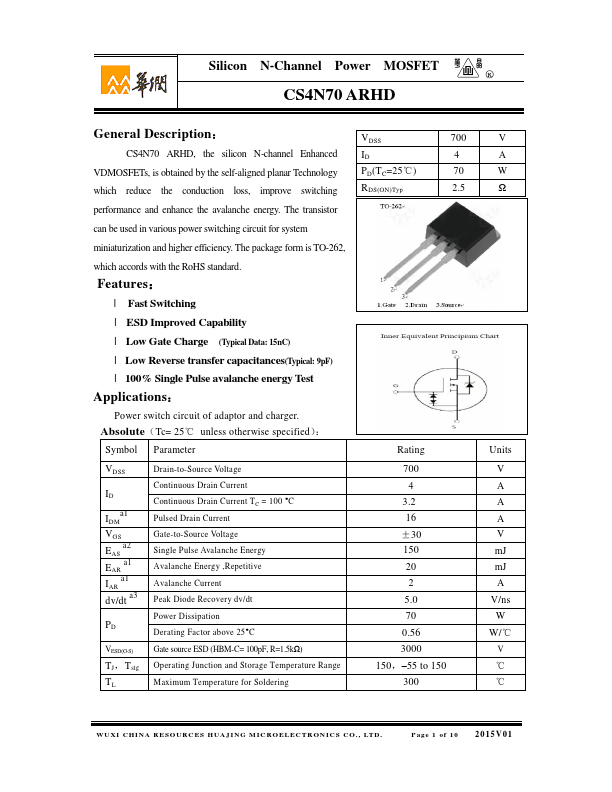 CS4N70ARHD Huajing Microelectronics