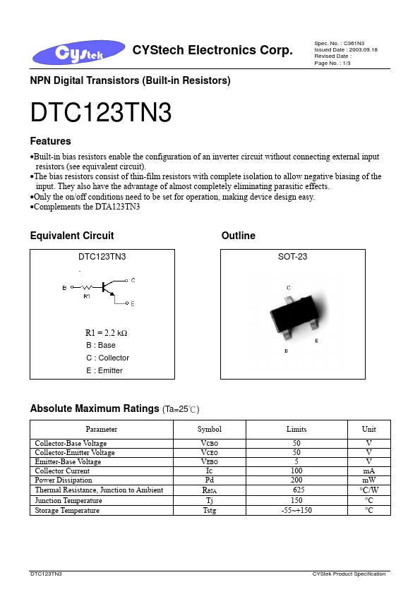 DTC123TN3 CYStech