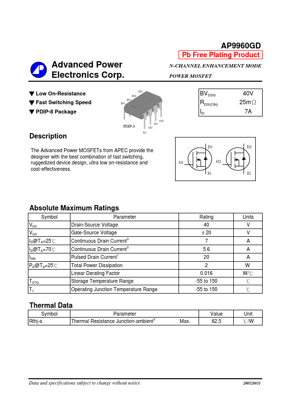 AP9960GD Advanced Power Electronics