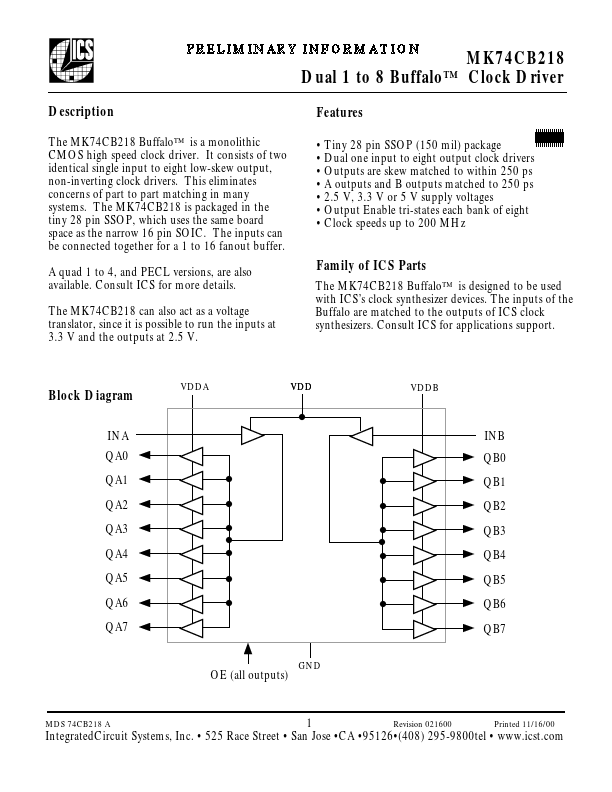 MK74CB218 Integrated Circuit Systems