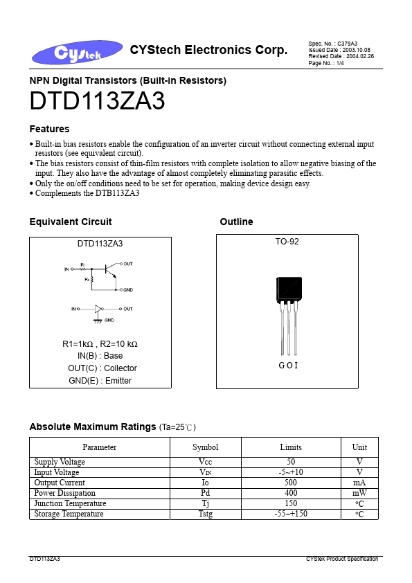 DTD113ZA3 Cystech Electonics