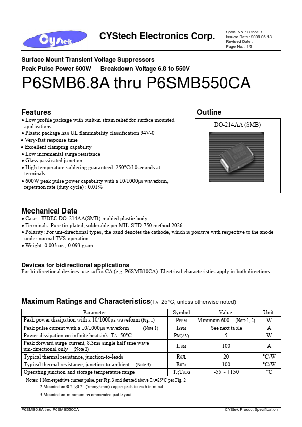 P6SMB220A CYStech Electronics