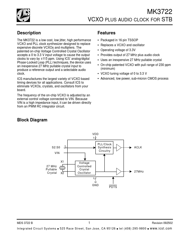 MK3722GTR Integrated Circuit Solution Inc