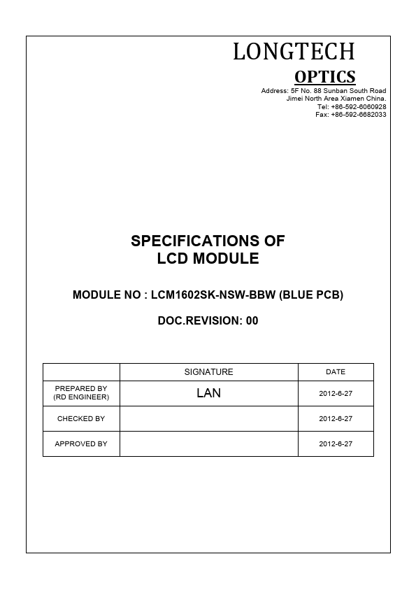 LCM1602SK-NSW-BBW LONGTECH OPTICS