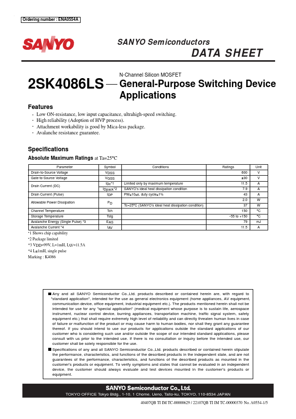 2SK4086LS Sanyo Semicon Device
