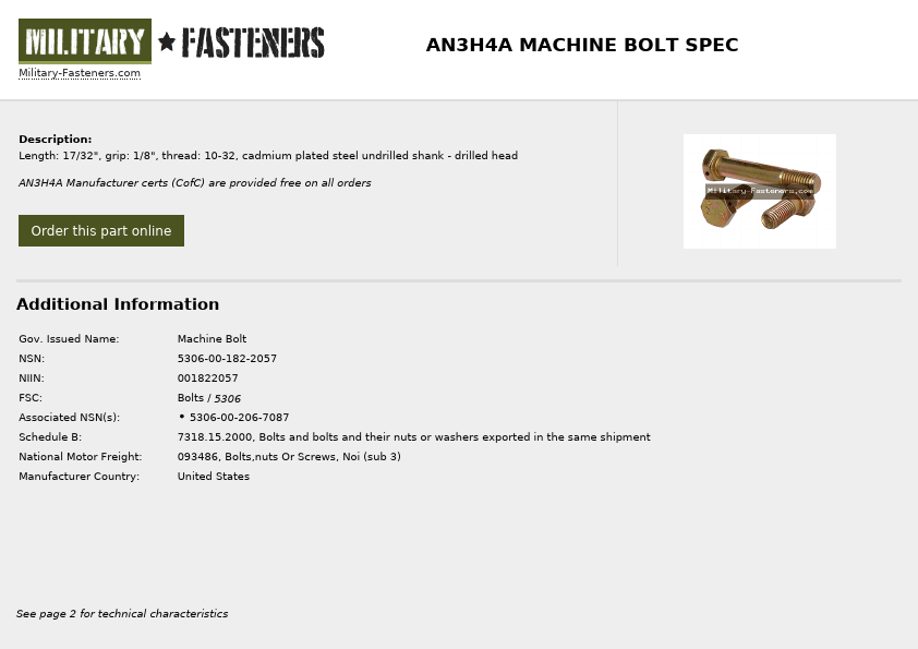 AN3H4A Military-Fasteners