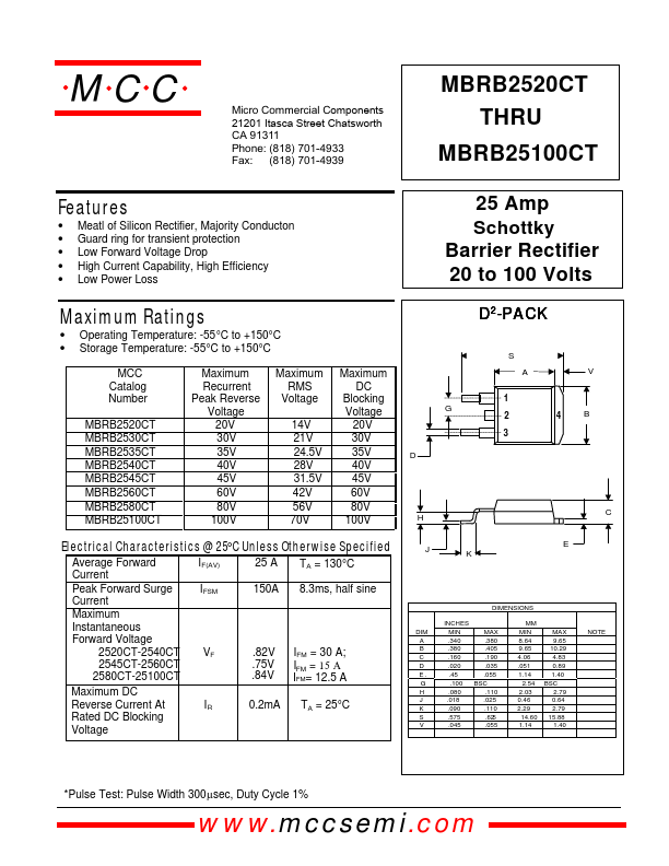 MBRB25100CT Micro Commercial Components