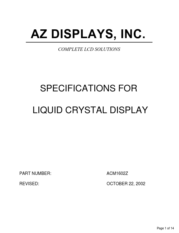 ACM1602Z AZ Displays