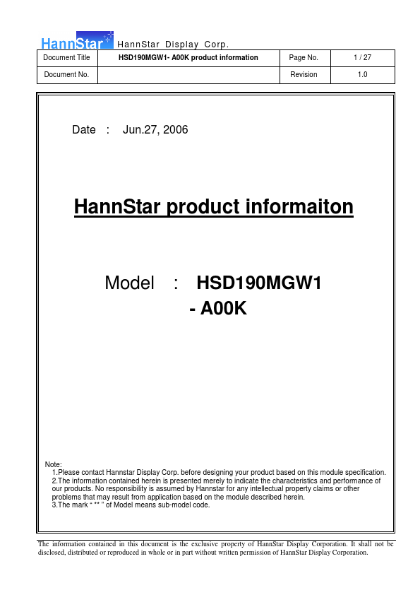 HSD190MGW1-A00K HannStar