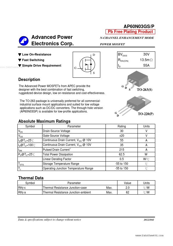 AP60N03GS Advanced Power Electronics