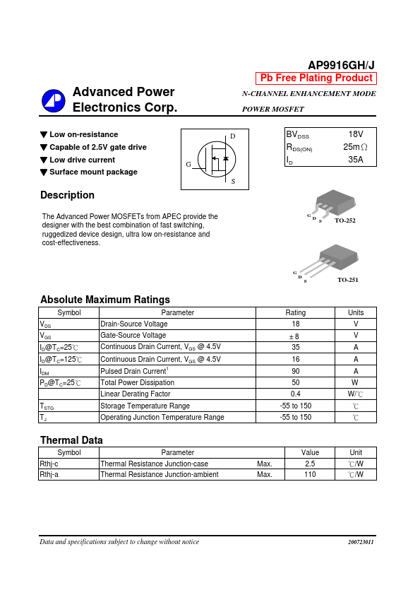 AP9916GJ Advanced Power Electronics