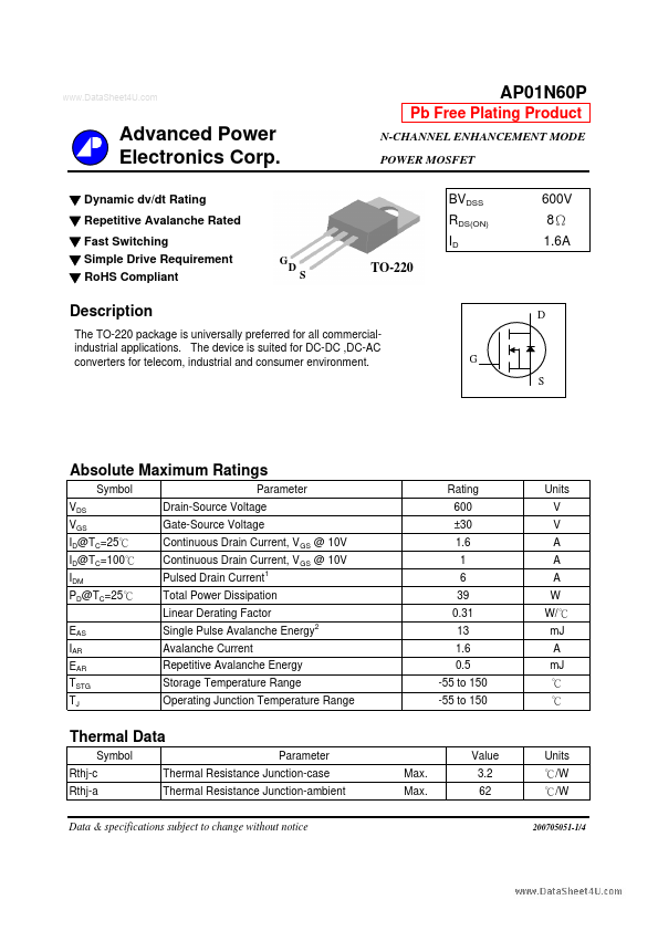 AP01N60P Advanced Power Electronics