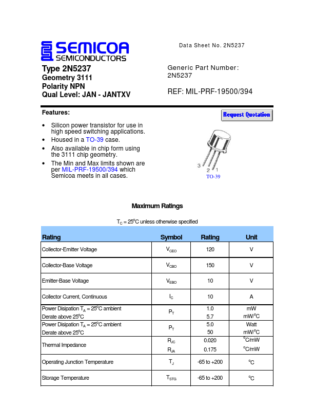 2N5237 Semicoa Semiconductor