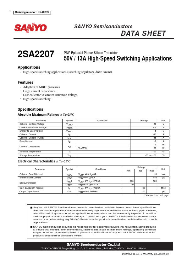 2SA2207 Sanyo Semicon Device