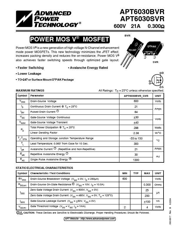 APT6030BVR Advanced Power Technology