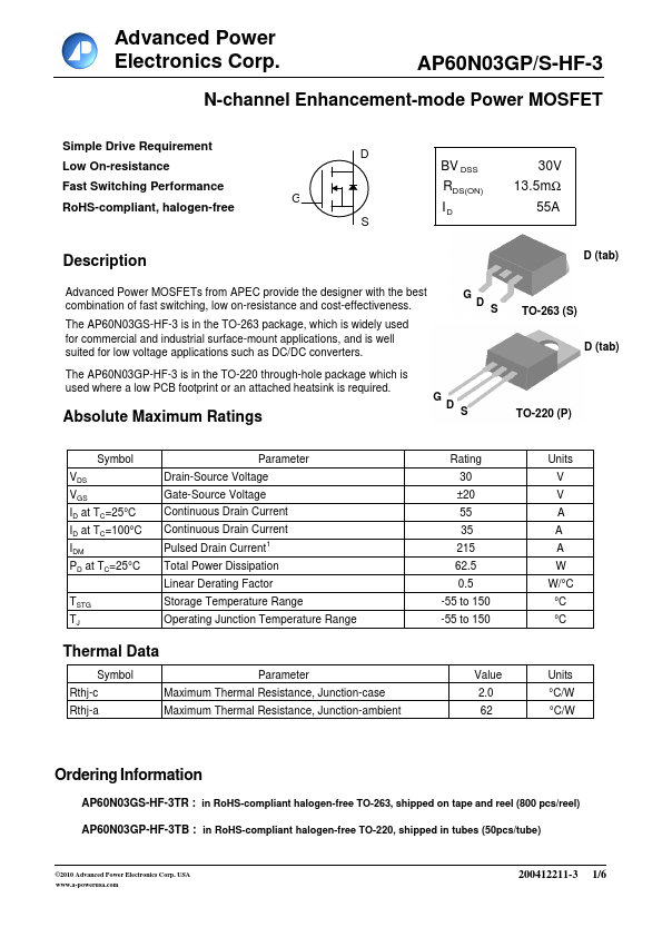 AP60N03GP-HF-3 Advanced Power Electronics