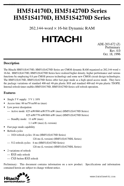 HM514170D Hitachi Semiconductor