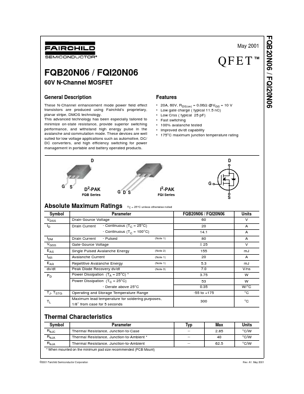 FQB20N06 Fairchild Semiconductor