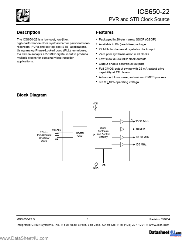 ICS650-22 Integrated Circuit Systems