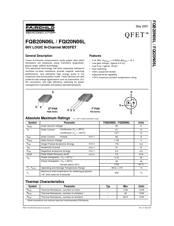 FQI20N06L Fairchild Semiconductor