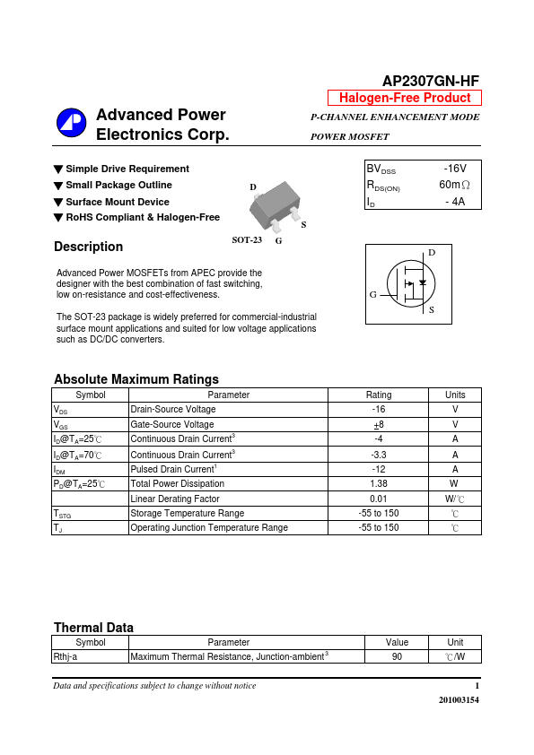 AP2307GN-HF Advanced Power Electronics