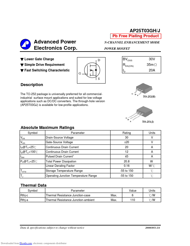 AP25T03GH Advanced Power Electronics