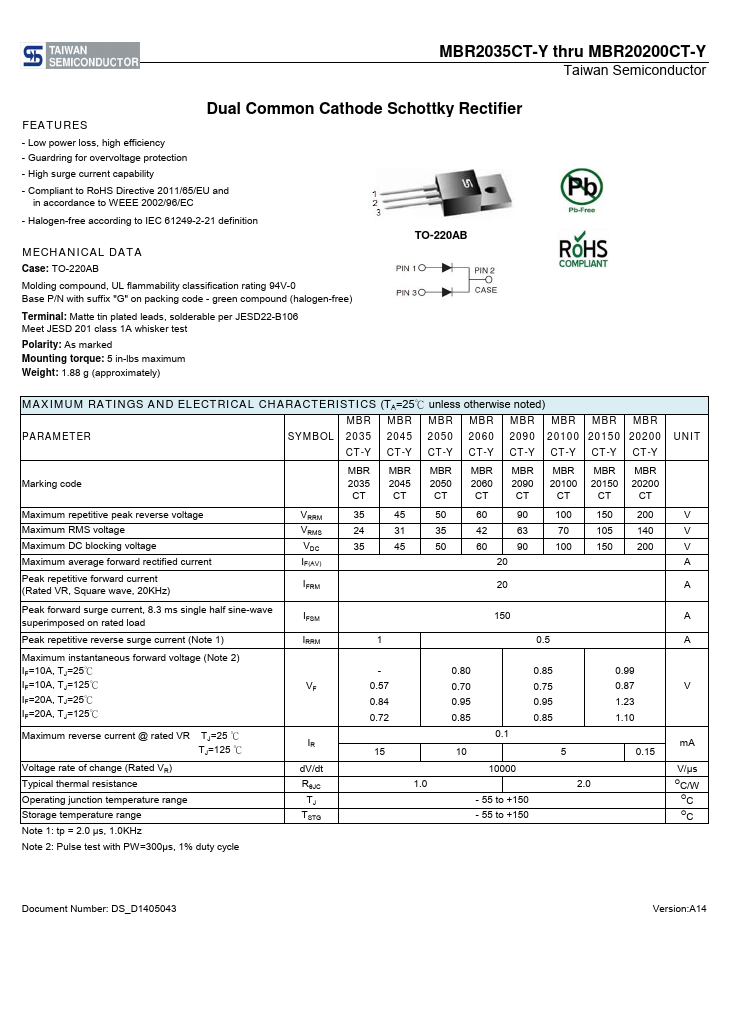 MBR20150CT-Y Taiwan Semiconductor