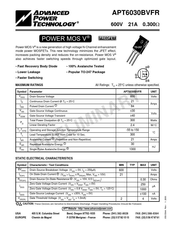 APT6030BVFR Advanced Power Technology